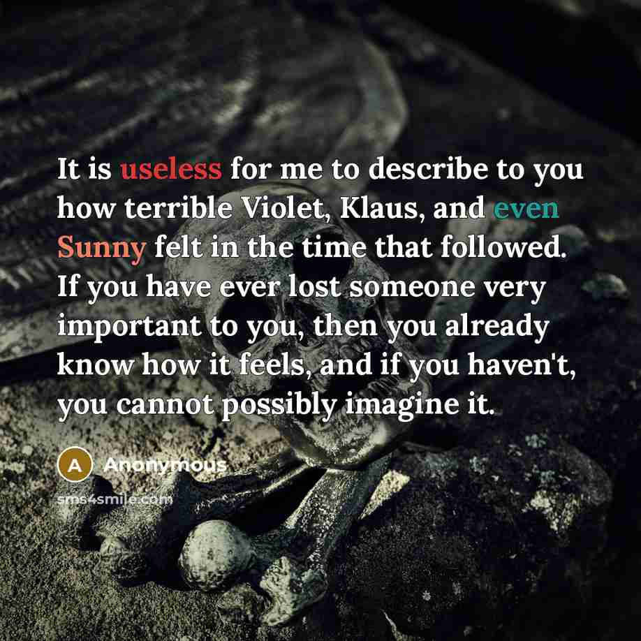 “It is useless for me to describe to you how terrible Violet, Klaus, and even Sunny felt in the time that followed. If you have ever lost someone very important to you, then you already know how it feels, and if you haven't, you cannot possibly imagine it.” quote by Anonymous