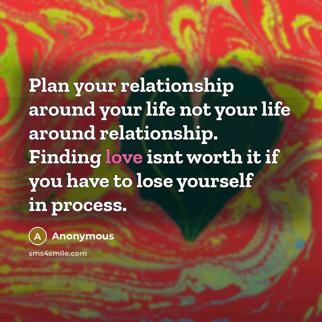 “Plan your relationship around your life not your life around relationship. Finding love isnt worth it if you have to lose yourself in process.” quote by Anonymous
