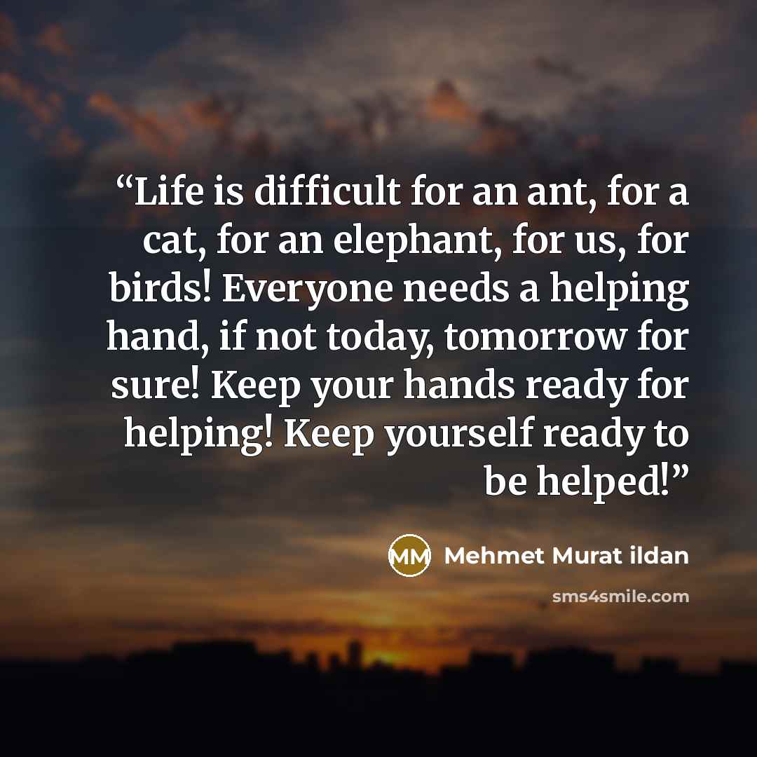 “Life is difficult for an ant, for a cat, for an elephant, for us, for birds! Everyone needs a helping hand, if not today, tomorrow for sure! Keep your hands ready for helping! Keep yourself ready to be helped!” quote by Mehmet Murat ildan