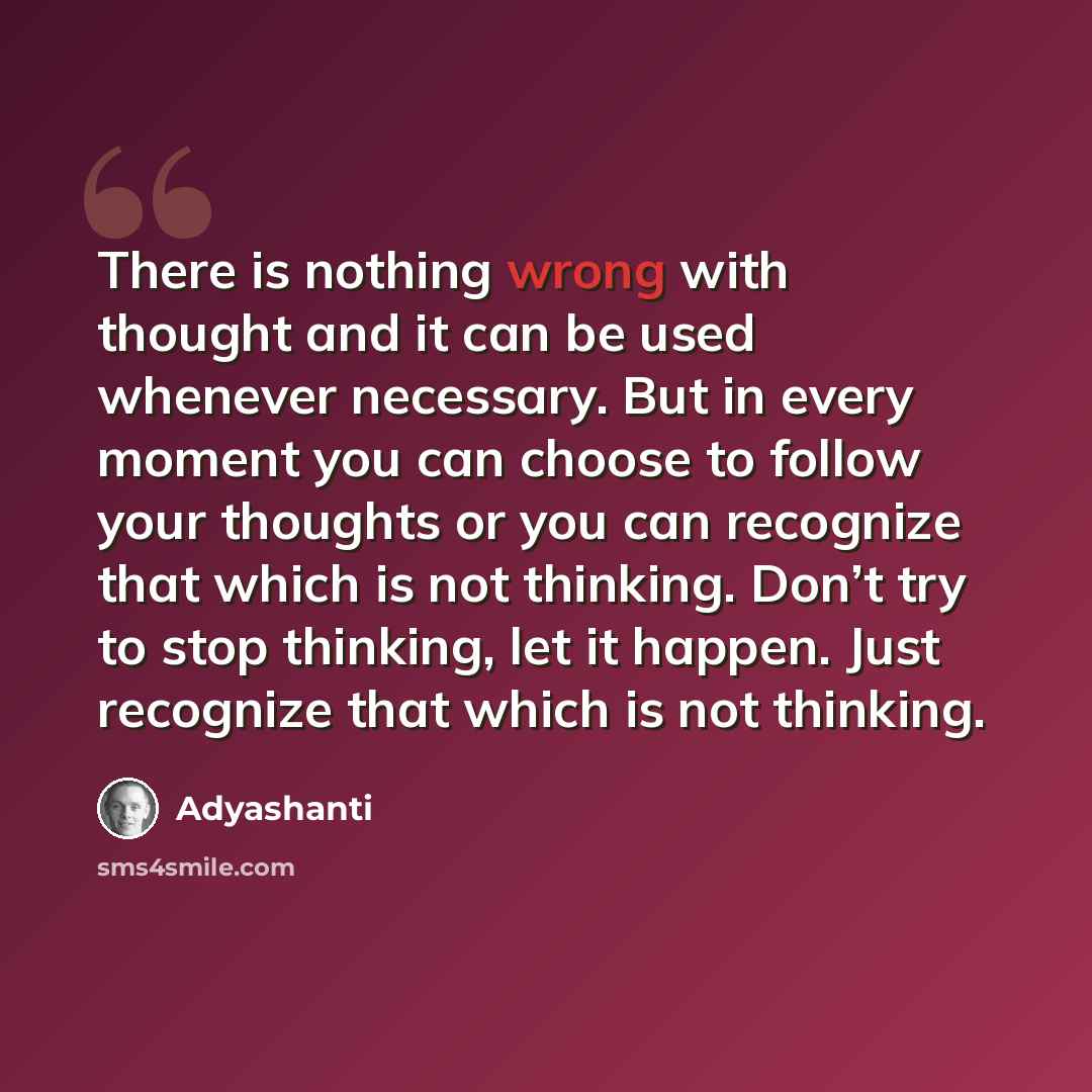“There is nothing wrong with thought and it can be used whenever necessary. But in every moment you can choose to follow your thoughts or you can recognize that which is not thinking. Don’t try to stop thinking, let it happen. Just recognize that which is not thinking.” quote by Adyashanti
