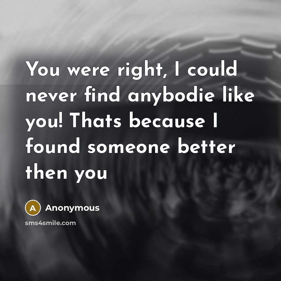 “You were right, I could never find anybodie like you! Thats because I found someone better then you” quote by Anonymous