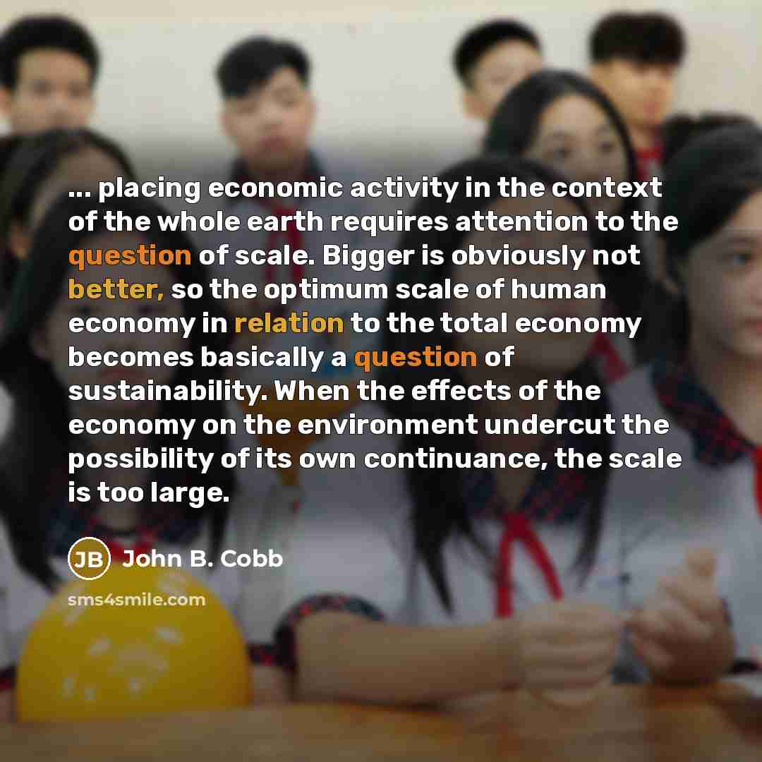 “... placing economic activity in the context of the whole earth requires attention to the question of scale. Bigger is obviously not better, so the optimum scale of human economy in relation to the total economy becomes basically a question of sustainability. When the effects of the economy on the…” quote by John B. Cobb