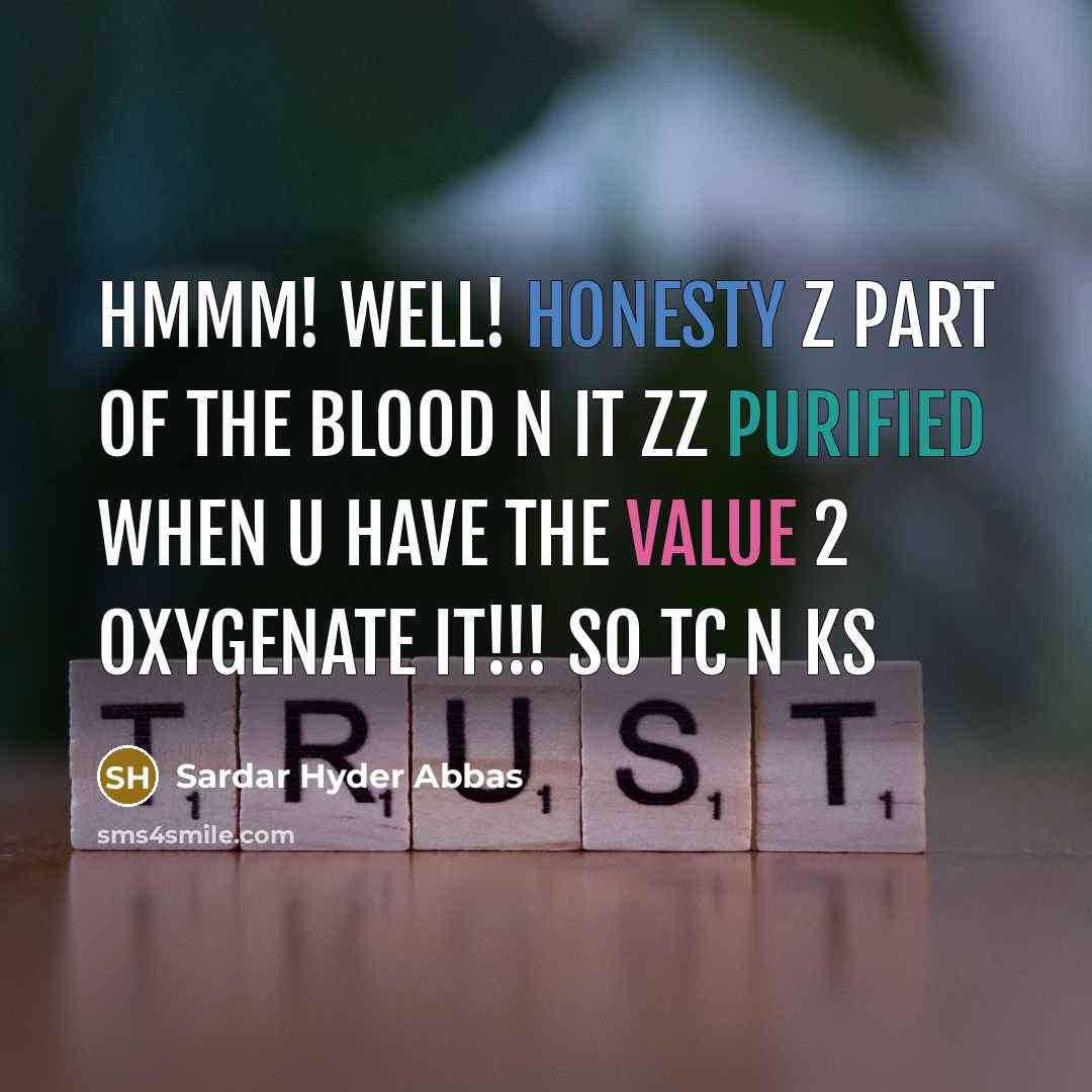 “Hmmm! well! honesty z part of the blood n it zz purified when u have the value 2 oxygenate it!!! so tc n ks” quote by Sardar Hyder Abbas