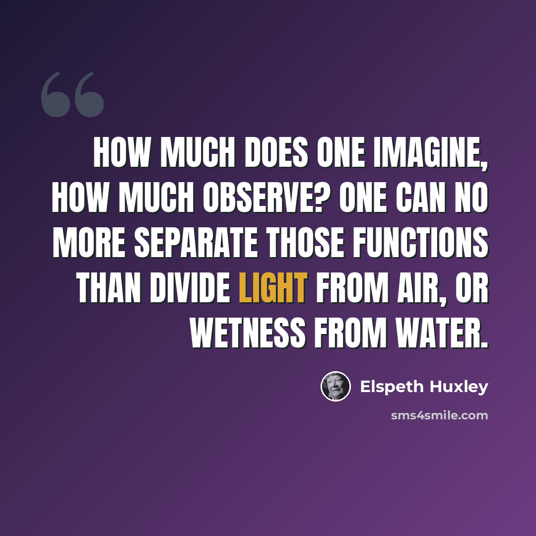 “How much does one imagine, how much observe? One can no more separate those functions than divide light from air, or wetness from water.” quote by Elspeth Huxley