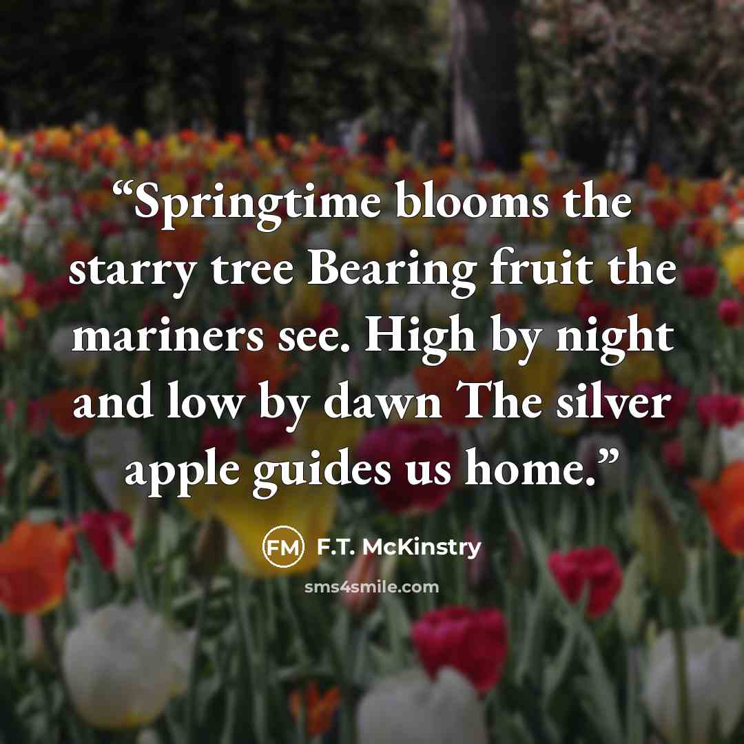 “Springtime blooms the starry tree Bearing fruit the mariners see. High by night and low by dawn The silver apple guides us home.” quote by F.T. McKinstry