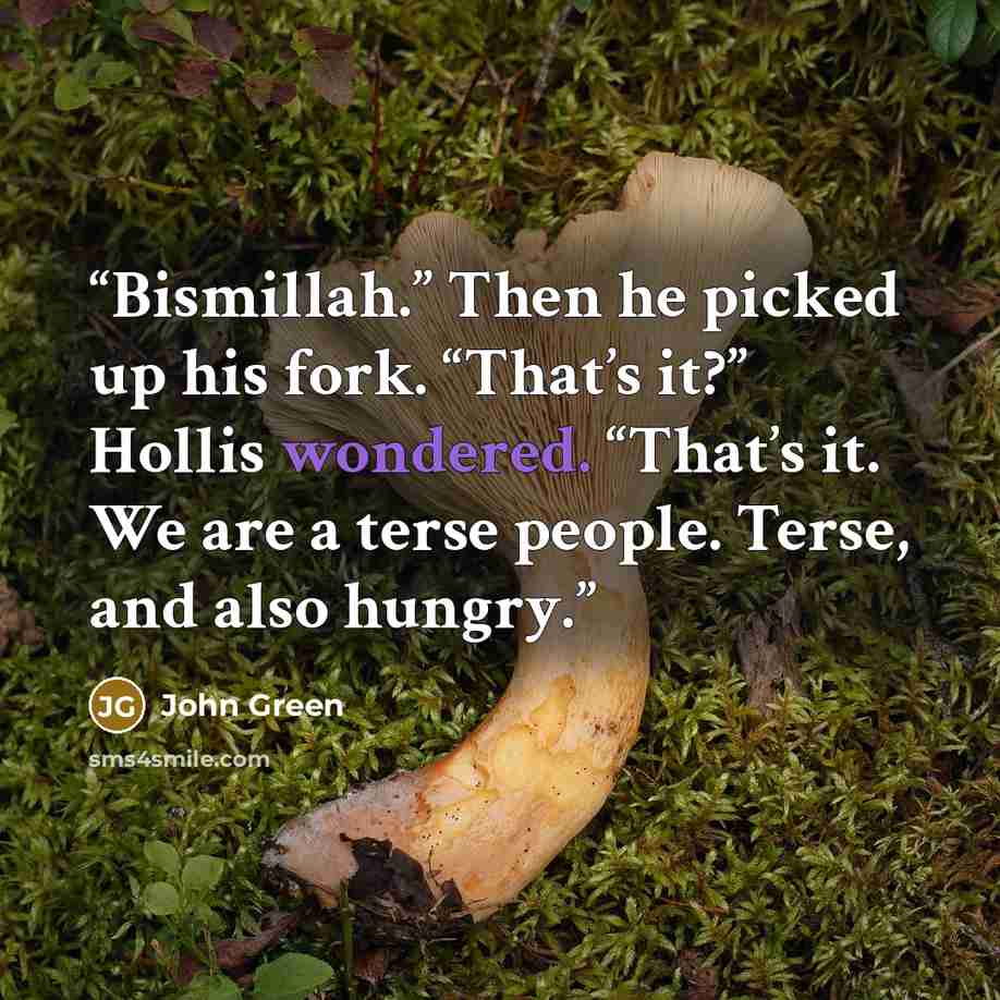 “Bismillah.” Then he picked up his fork. “That’s it?” Hollis wondered. “That’s it. We are a terse people. Terse, and also hungry.” quote by John Green
