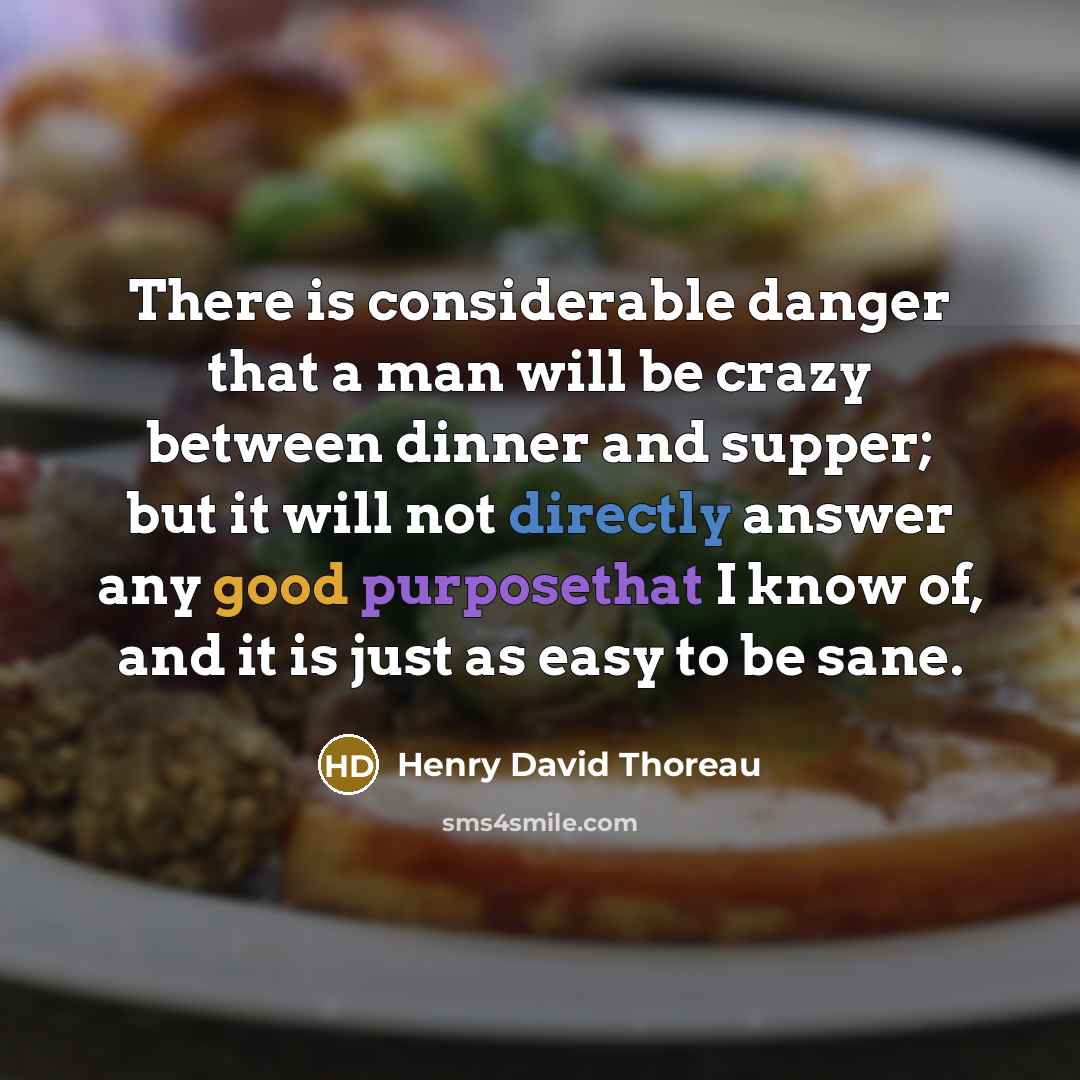 “There is considerable danger that a man will be crazy between dinner and supper; but it will not directly answer any good purposethat I know of, and it is just as easy to be sane.” quote by Henry David Thoreau