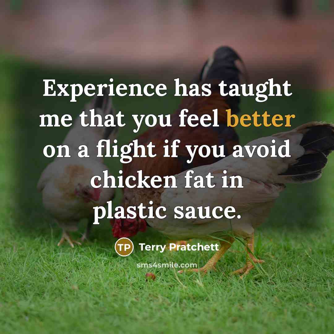 “Experience has taught me that you feel better on a flight if you avoid chicken fat in plastic sauce.” quote by Terry Pratchett