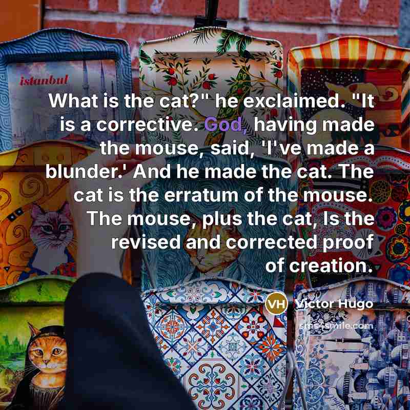 “What is the cat?" he exclaimed. "It is a corrective. God, having made the mouse, said, 'I've made a blunder.' And he made the cat. The cat is the erratum of the mouse. The mouse, plus the cat, Is the revised and corrected proof of creation.” quote by Victor Hugo