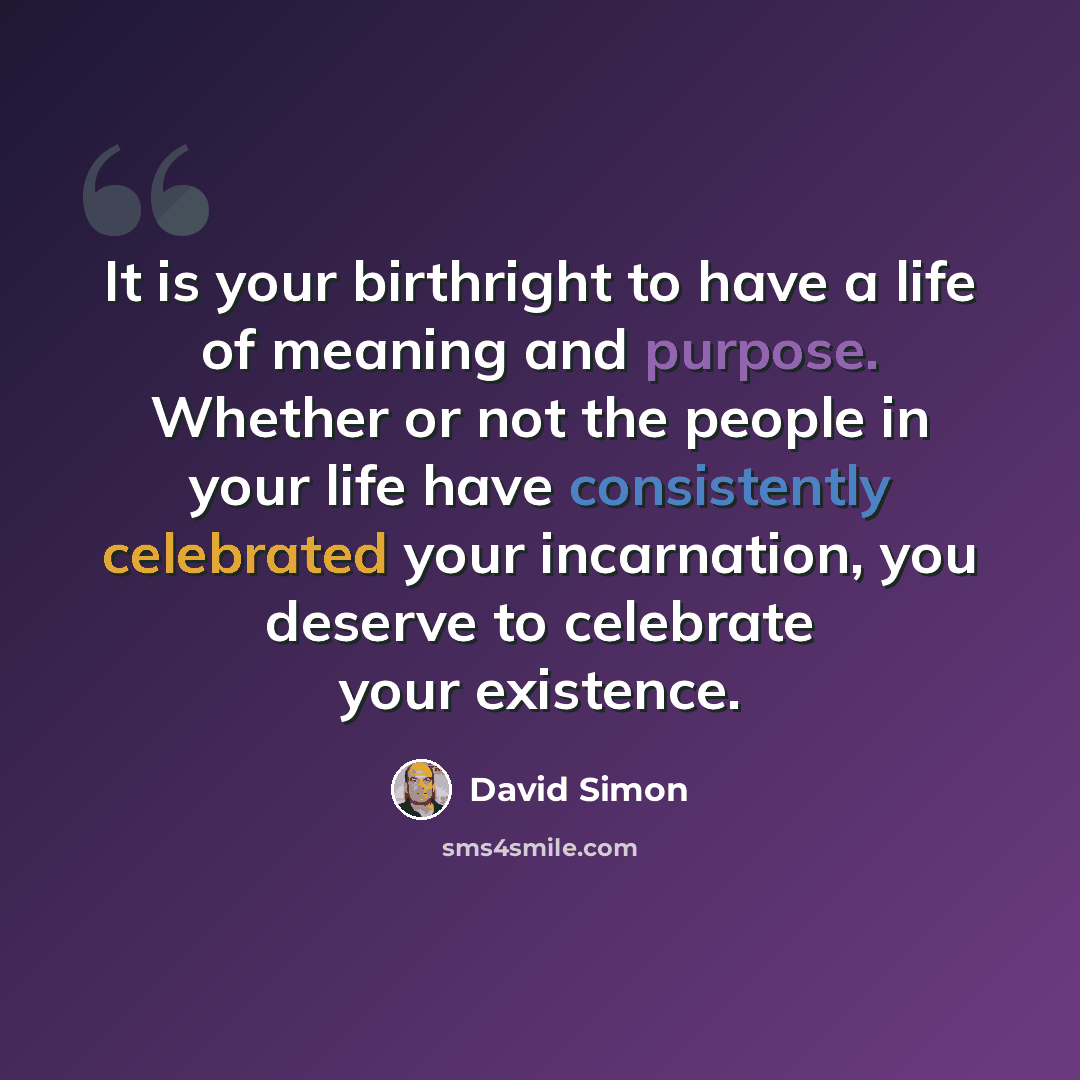 “It is your birthright to have a life of meaning and purpose. Whether or not the people in your life have consistently celebrated your incarnation, you deserve to celebrate your existence.” quote by David Simon