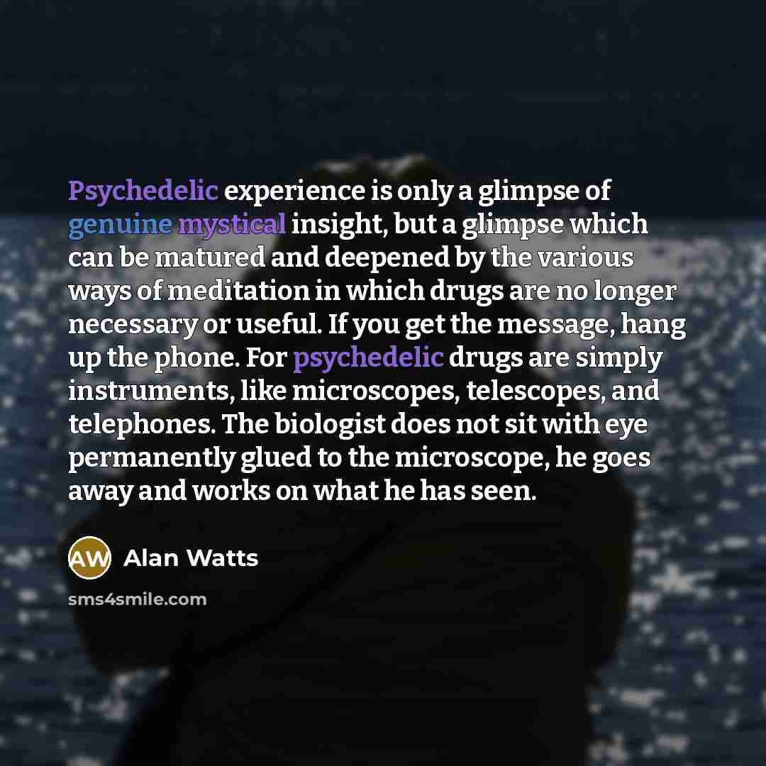 “Psychedelic experience is only a glimpse of genuine mystical insight, but a glimpse which can be matured and deepened by the various ways of meditation in which drugs are no longer necessary or useful. If you get the message, hang up the phone. For psychedelic drugs are simply instruments, like…” quote by Alan Watts