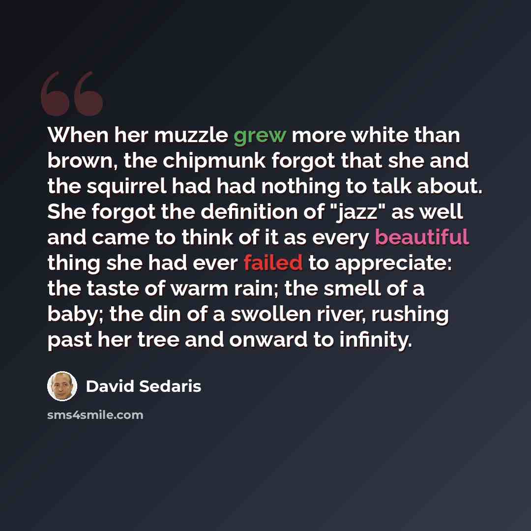 “When her muzzle grew more white than brown, the chipmunk forgot that she and the squirrel had had nothing to talk about. She forgot the definition of "jazz" as well and came to think of it as every beautiful thing she had ever failed to appreciate: the taste of warm rain; the smell of a baby; the…” quote by David Sedaris
