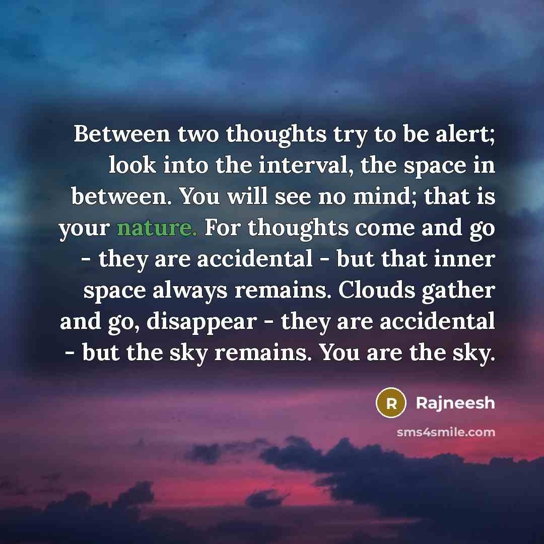 “Between two thoughts try to be alert; look into the interval, the space in between. You will see no mind; that is your nature. For thoughts come and go - they are accidental - but that inner space always remains. Clouds gather and go, disappear - they are accidental - but the sky remains. You are…” quote by Rajneesh