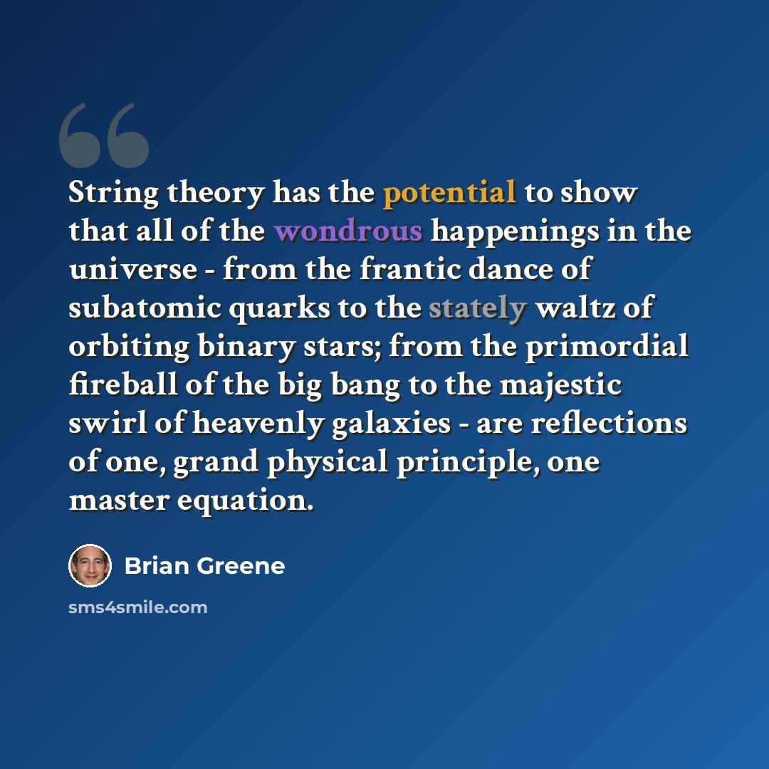 “String theory has the potential to show that all of the wondrous happenings in the universe - from the frantic dance of subatomic quarks to the stately waltz of orbiting binary stars; from the primordial fireball of the big bang to the majestic swirl of heavenly galaxies - are reflections of one…” quote by Brian Greene
