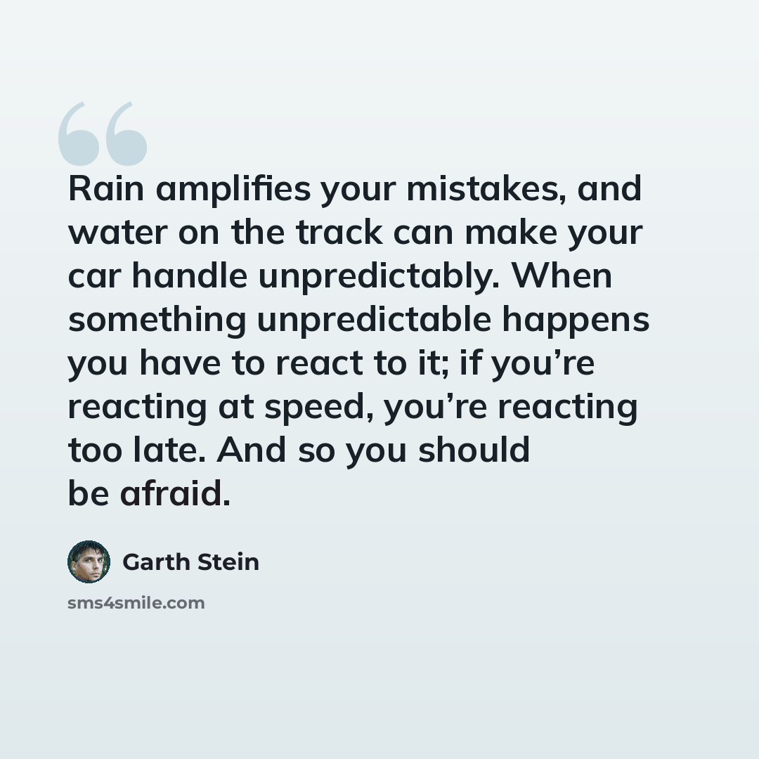 “Rain amplifies your mistakes, and water on the track can make your car handle unpredictably. When something unpredictable happens you have to react to it; if you’re reacting at speed, you’re reacting too late. And so you should be afraid.” quote by Garth Stein