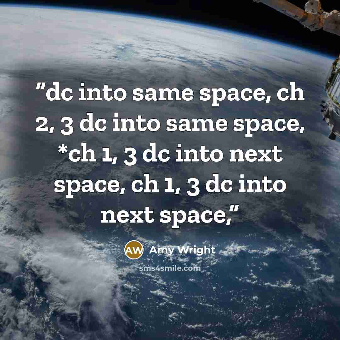 “dc into same space, ch 2, 3 dc into same space, *ch 1, 3 dc into next space, ch 1, 3 dc into next space,” quote by Amy Wright