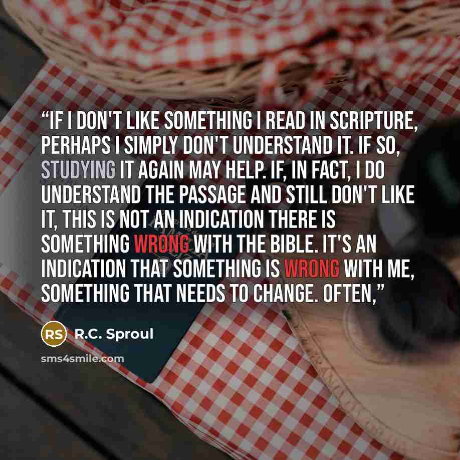 “If I don't like something I read in Scripture, perhaps I simply don't understand it. If so, studying it again may help. If, in fact, I do understand the passage and still don't like it, this is not an indication there is something wrong with the Bible. It's an indication that something is wrong…” quote by R.C. Sproul