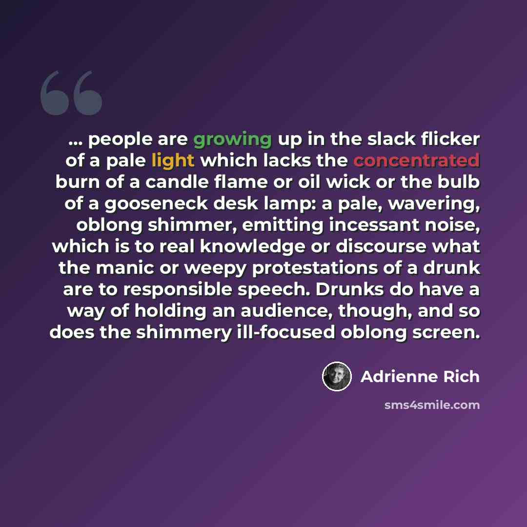 “... people are growing up in the slack flicker of a pale light which lacks the concentrated burn of a candle flame or oil wick or the bulb of a gooseneck desk lamp: a pale, wavering, oblong shimmer, emitting incessant noise, which is to real knowledge or discourse what the manic or weepy…” quote by Adrienne Rich