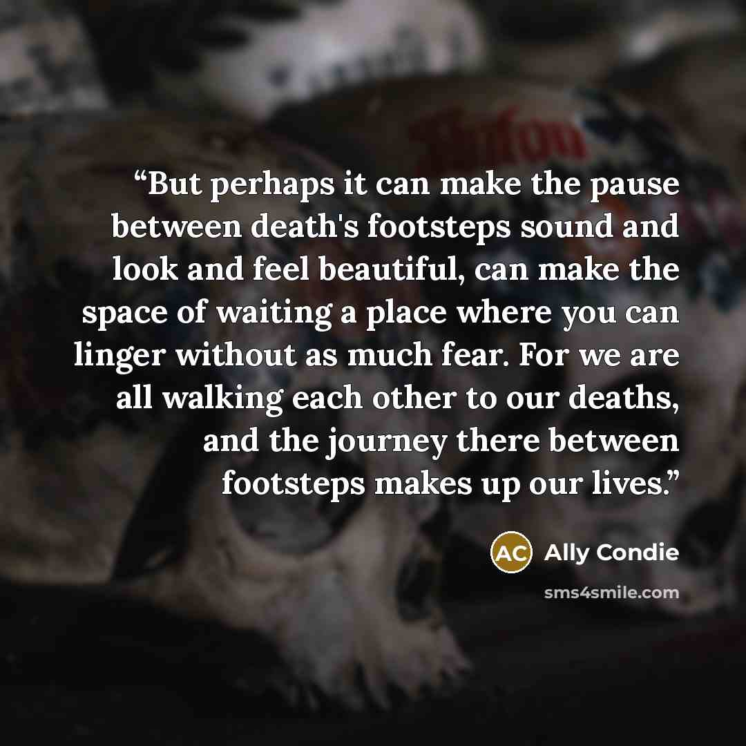 “But perhaps it can make the pause between death's footsteps sound and look and feel beautiful, can make the space of waiting a place where you can linger without as much fear. For we are all walking each other to our deaths, and the journey there between footsteps makes up our lives.” quote by Ally Condie