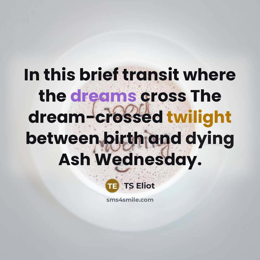 “In this brief transit where the dreams cross The dream-crossed twilight between birth and dying Ash Wednesday.” quote by TS Eliot