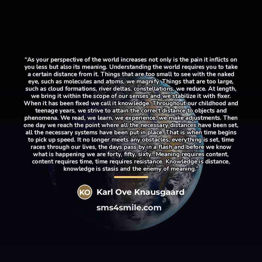 “As your perspective of the world increases not only is the pain it inflicts on you less but also its meaning. Understanding the world requires you to take a certain distance from it. Things that are too small to see with the naked eye, such as molecules and atoms, we magnify. Things that are too…” quote by Karl Ove Knausgaard