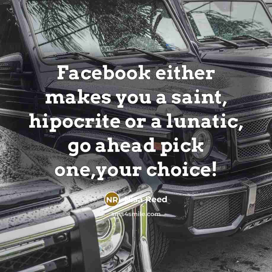 “Facebook either makes you a saint, hipocrite or a lunatic, go ahead pick one,your choice!” quote by Nisa Reed