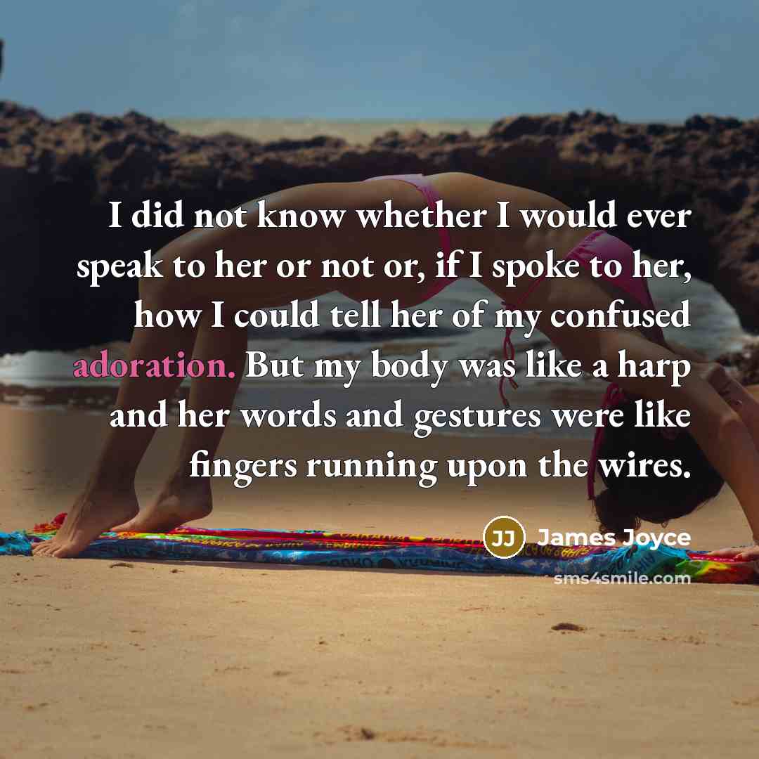 “I did not know whether I would ever speak to her or not or, if I spoke to her, how I could tell her of my confused adoration. But my body was like a harp and her words and gestures were like fingers running upon the wires.” quote by James Joyce
