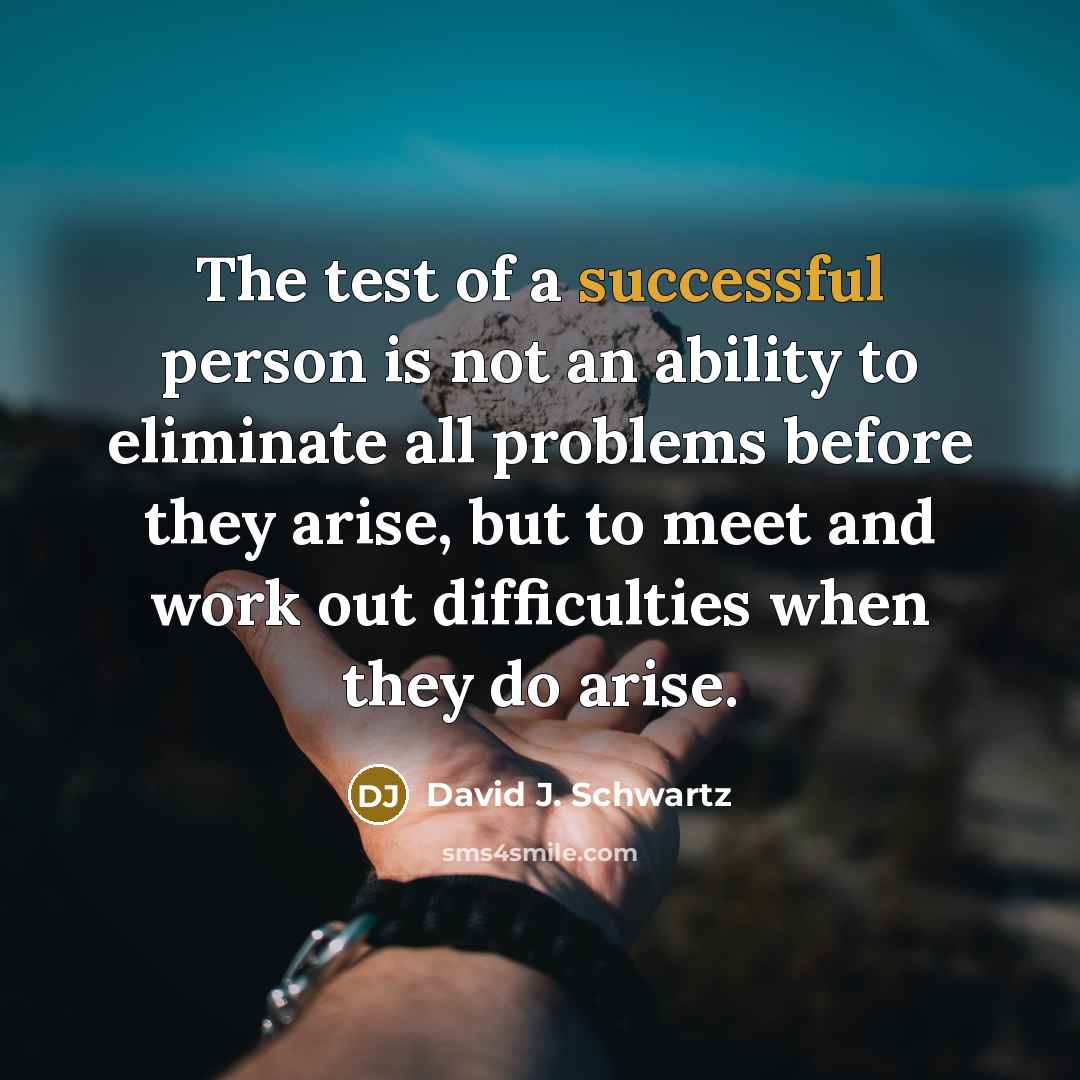 “The test of a successful person is not an ability to eliminate all problems before they arise, but to meet and work out difficulties when they do arise.” quote by David J. Schwartz