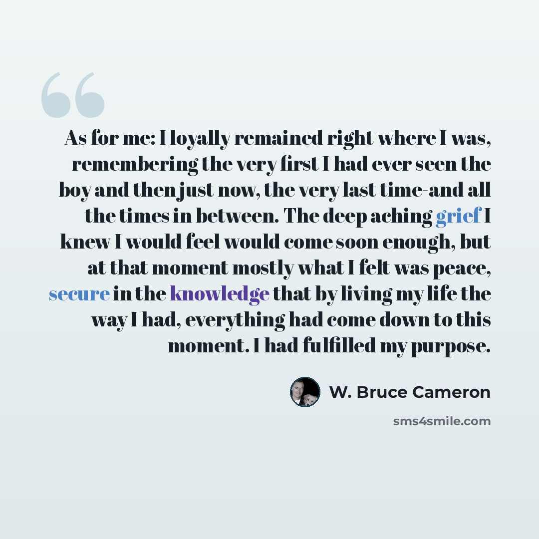 “As for me: I loyally remained right where I was, remembering the very first I had ever seen the boy and then just now, the very last time-and all the times in between. The deep aching grief I knew I would feel would come soon enough, but at that moment mostly what I felt was peace, secure in the…” quote by W. Bruce Cameron