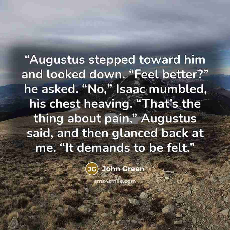 “Augustus stepped toward him and looked down. “Feel better?” he asked. “No,” Isaac mumbled, his chest heaving. “That’s the thing about pain,” Augustus said, and then glanced back at me. “It demands to be felt.” quote by John Green