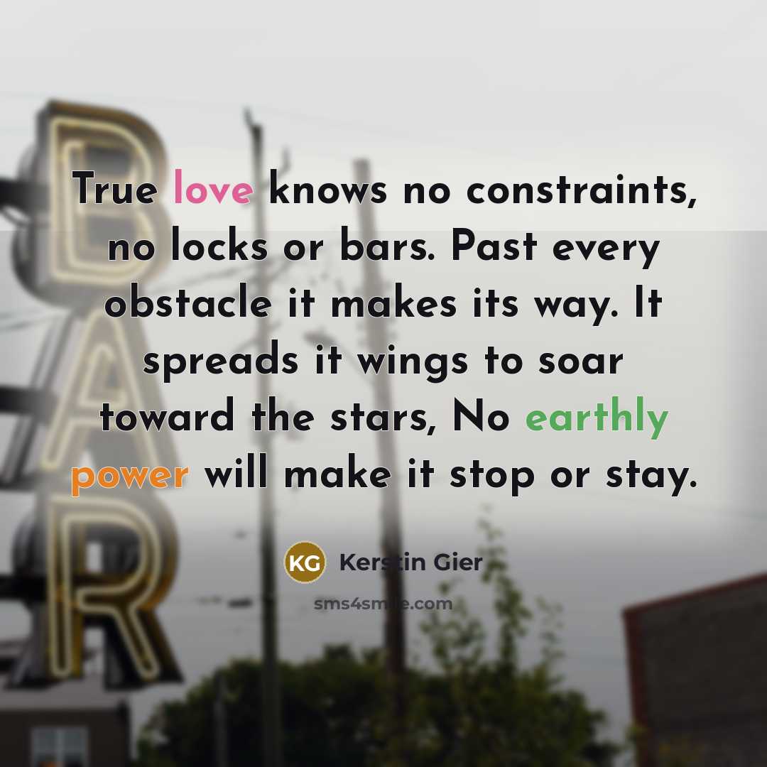 “True love knows no constraints, no locks or bars. Past every obstacle it makes its way. It spreads it wings to soar toward the stars, No earthly power will make it stop or stay.” quote by Kerstin Gier
