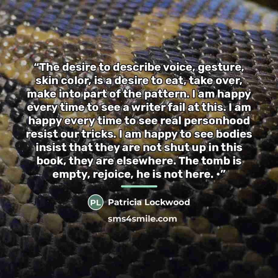 “The desire to describe voice, gesture, skin color, is a desire to eat, take over, make into part of the pattern. I am happy every time to see a writer fail at this. I am happy every time to see real personhood resist our tricks. I am happy to see bodies insist that they are not shut up in this…” quote by Patricia Lockwood