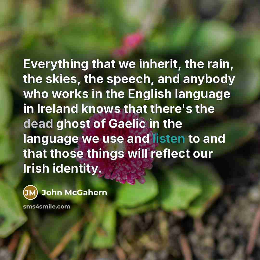 “Everything that we inherit, the rain, the skies, the speech, and anybody who works in the English language in Ireland knows that there's the dead ghost of Gaelic in the language we use and listen to and that those things will reflect our Irish identity.” quote by John McGahern