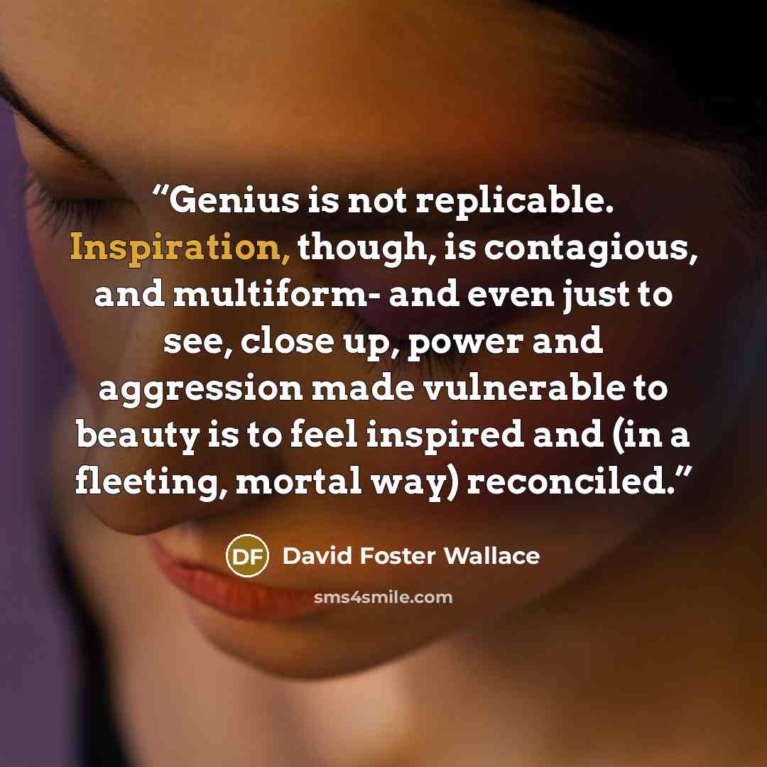 “Genius is not replicable. Inspiration, though, is contagious, and multiform- and even just to see, close up, power and aggression made vulnerable to beauty is to feel inspired and (in a fleeting, mortal way) reconciled.” quote by David Foster Wallace
