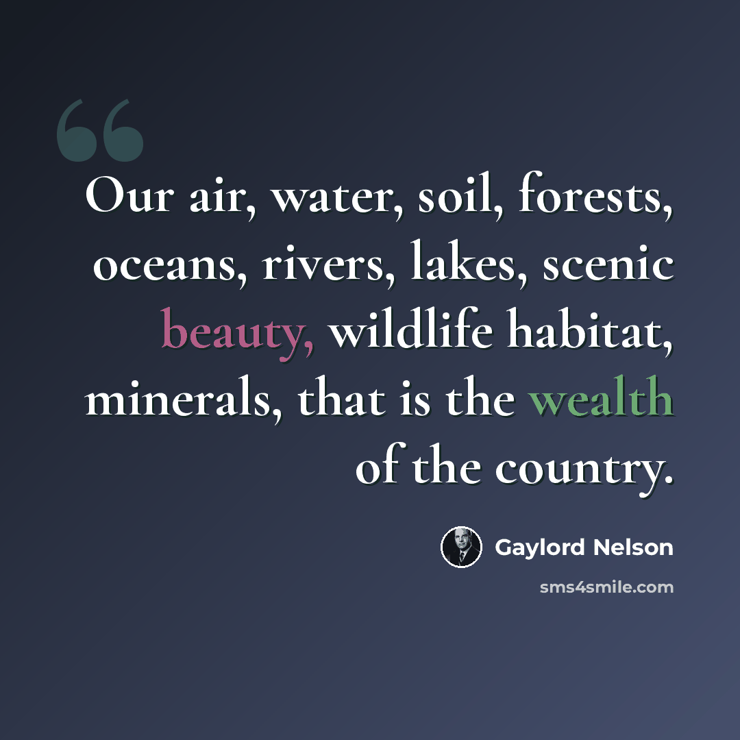 “Our air, water, soil, forests, oceans, rivers, lakes, scenic beauty, wildlife habitat, minerals, that is the wealth of the country.” quote by Gaylord Nelson
