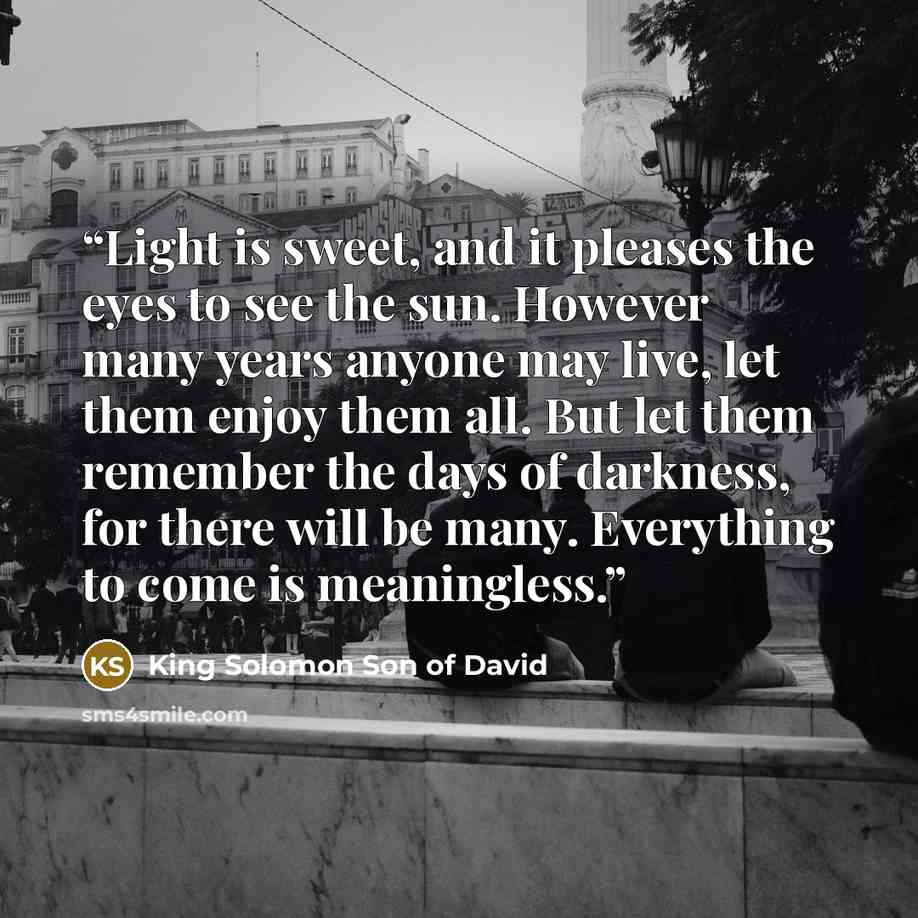 “Light is sweet, and it pleases the eyes to see the sun. However many years anyone may live, let them enjoy them all. But let them remember the days of darkness, for there will be many. Everything to come is meaningless.” quote by King Solomon Son of David