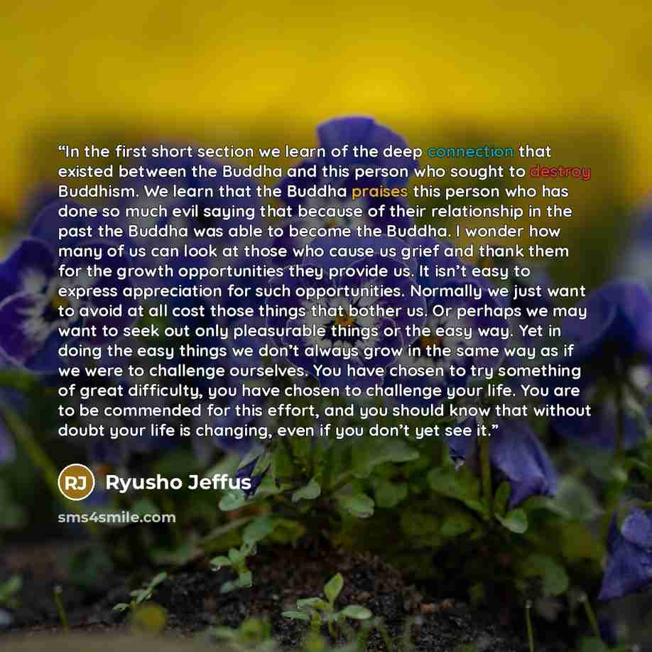 “In the first short section we learn of the deep connection that existed between the Buddha and this person who sought to destroy Buddhism. We learn that the Buddha praises this person who has done so much evil saying that because of their relationship in the past the Buddha was able to become the…” quote by Ryusho Jeffus