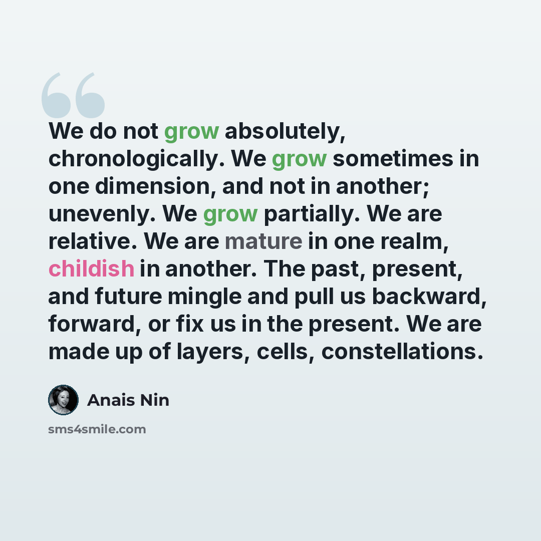 “We do not grow absolutely, chronologically. We grow sometimes in one dimension, and not in another; unevenly. We grow partially. We are relative. We are mature in one realm, childish in another. The past, present, and future mingle and pull us backward, forward, or fix us in the present. We are…” quote by Anais Nin