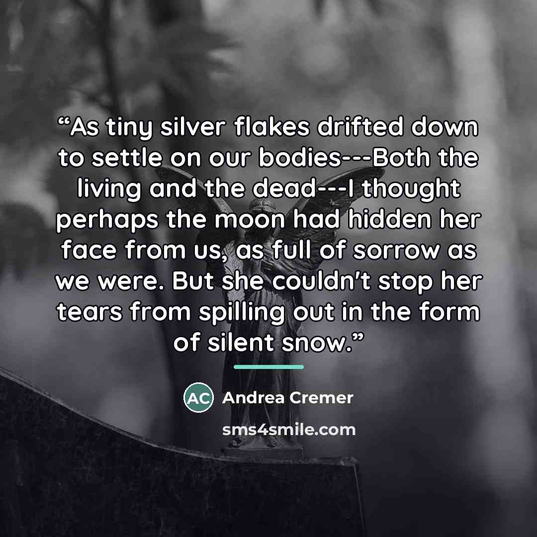 “As tiny silver flakes drifted down to settle on our bodies---Both the living and the dead---I thought perhaps the moon had hidden her face from us, as full of sorrow as we were. But she couldn't stop her tears from spilling out in the form of silent snow.” quote by Andrea Cremer