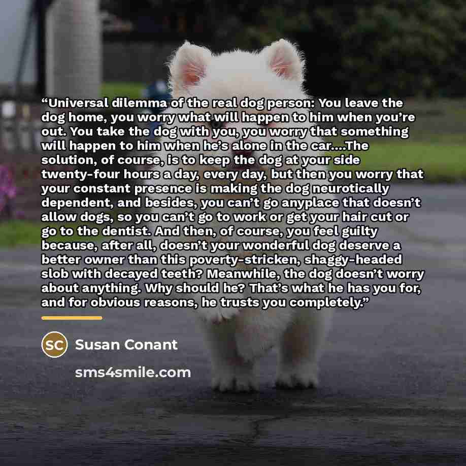 “Universal dilemma of the real dog person: You leave the dog home, you worry what will happen to him when you’re out. You take the dog with you, you worry that something will happen to him when he’s alone in the car….The solution, of course, is to keep the dog at your side twenty-four hours a day…” quote by Susan Conant
