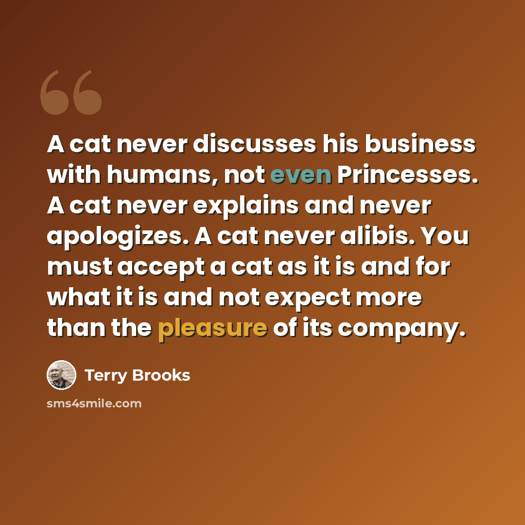 “A cat never discusses his business with humans, not even Princesses. A cat never explains and never apologizes. A cat never alibis. You must accept a cat as it is and for what it is and not expect more than the pleasure of its company.” quote by Terry Brooks