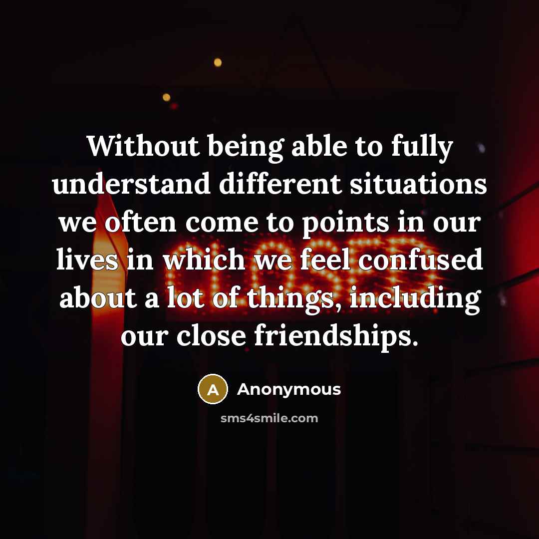 “Without being able to fully understand different situations we often come to points in our lives in which we feel confused about a lot of things, including our close friendships.” quote by Anonymous