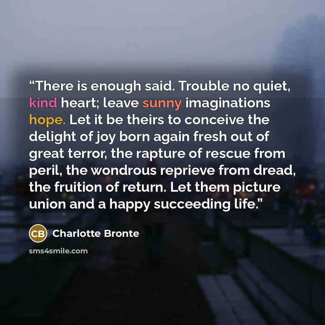 “There is enough said. Trouble no quiet, kind heart; leave sunny imaginations hope. Let it be theirs to conceive the delight of joy born again fresh out of great terror, the rapture of rescue from peril, the wondrous reprieve from dread, the fruition of return. Let them picture union and a happy…” quote by Charlotte Brontë