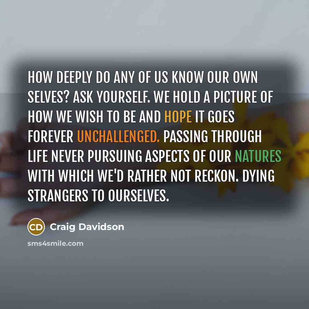 “How deeply do any of us know our own selves? Ask yourself. We hold a picture of how we wish to be and hope it goes forever unchallenged. Passing through life never pursuing aspects of our natures with which we'd rather not reckon. Dying strangers to ourselves.” quote by Craig Davidson