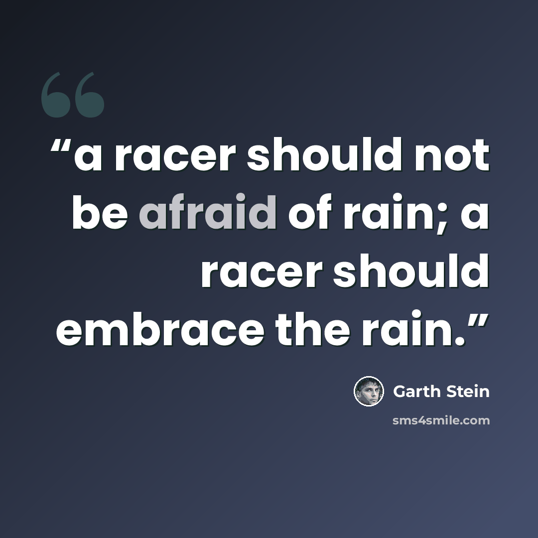 “a racer should not be afraid of rain; a racer should embrace the rain.” quote by Garth Stein