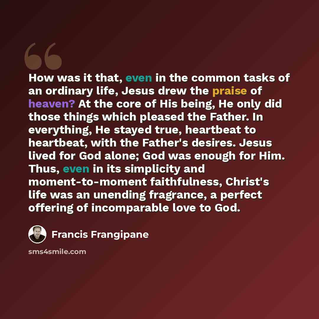 “How was it that, even in the common tasks of an ordinary life, Jesus drew the praise of heaven? At the core of His being, He only did those things which pleased the Father. In everything, He stayed true, heartbeat to heartbeat, with the Father's desires. Jesus lived for God alone; God was enough…” quote by Francis Frangipane