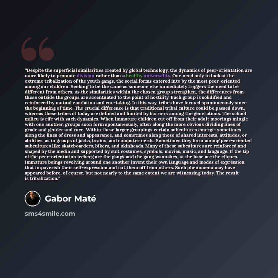 “Despite the superficial similarities created by global technology, the dynamics of peer-orientation are more likely to promote division rather than a healthy universality. One need only to look at the extreme tribalization of the youth gangs, the social forms entered into by the most peer-oriented…” quote by Gabor Maté