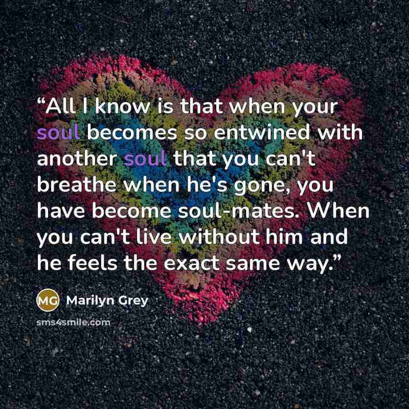 “All I know is that when your soul becomes so entwined with another soul that you can't breathe when he's gone, you have become soul-mates. When you can't live without him and he feels the exact same way.” quote by Marilyn Grey