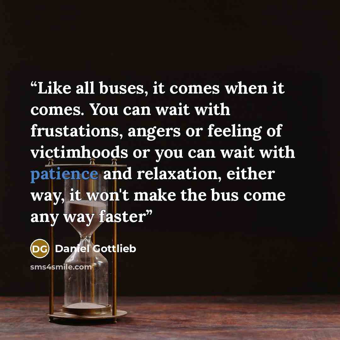 “Like all buses, it comes when it comes. You can wait with frustations, angers or feeling of victimhoods or you can wait with patience and relaxation, either way, it won't make the bus come any way faster” quote by Daniel Gottlieb