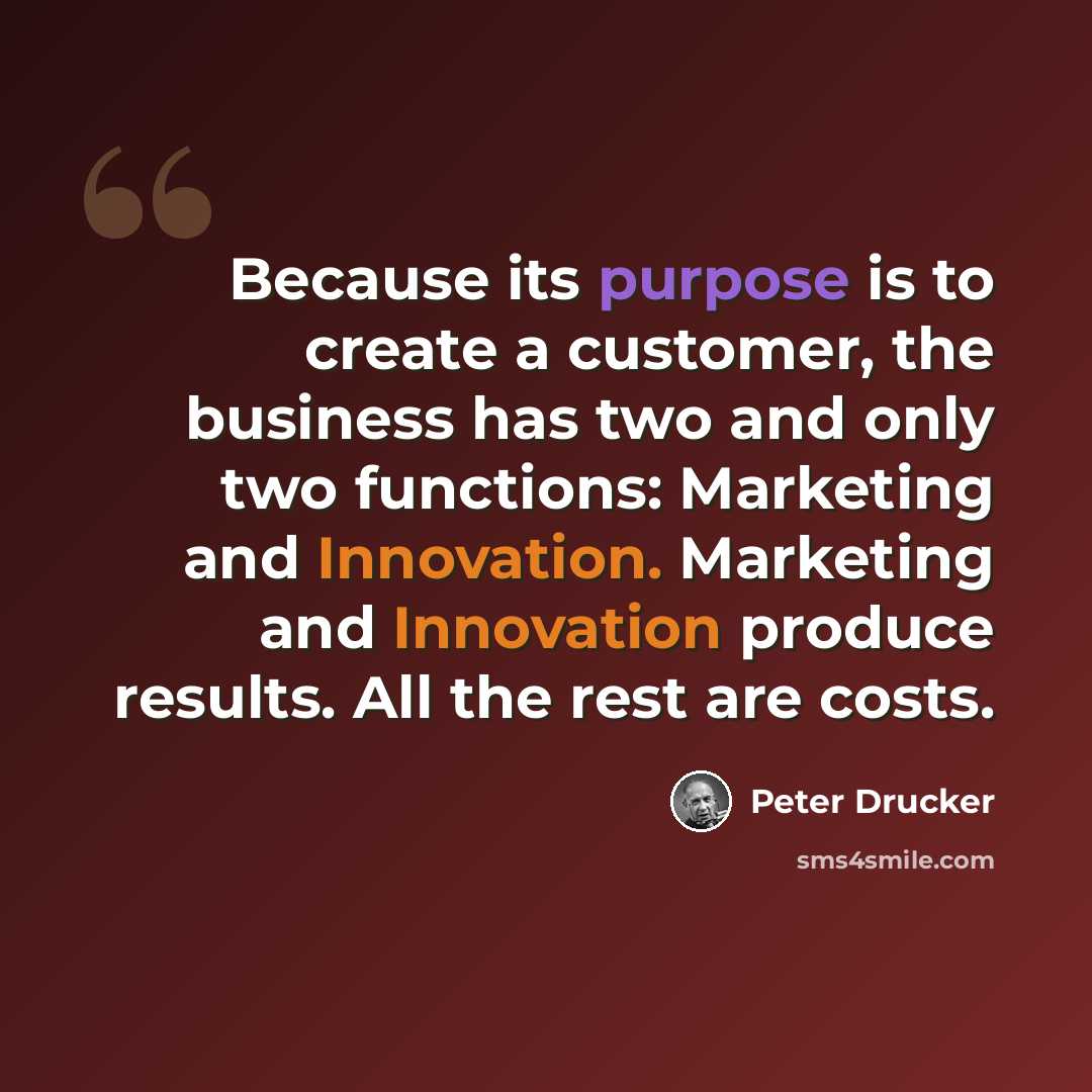 “Because its purpose is to create a customer, the business has two and only two functions: Marketing and Innovation. Marketing and Innovation produce results. All the rest are costs.” quote by Peter Drucker